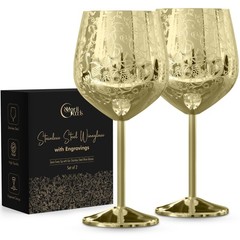 Stainless Steel Wine Glasses – Set of 2 Etched 16 oz Metal Goblets, Unbreakab…