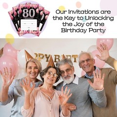 Birthday Invitations for Women Men – Pink 80th Bday Invites with Envelopes(25…