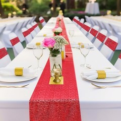 54 Pcs Sequin Chair Sashes and Table Runners, 48 Sequin Chair Bows, 6 Red