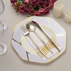 10 WHITE GOLD 10″ Octagon DISPOSABLE DINNER PLATES Geometric Party Tableware