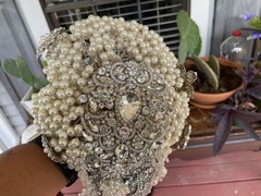 Cascading bridal bouquet, stone and pearls, custom made, heavy