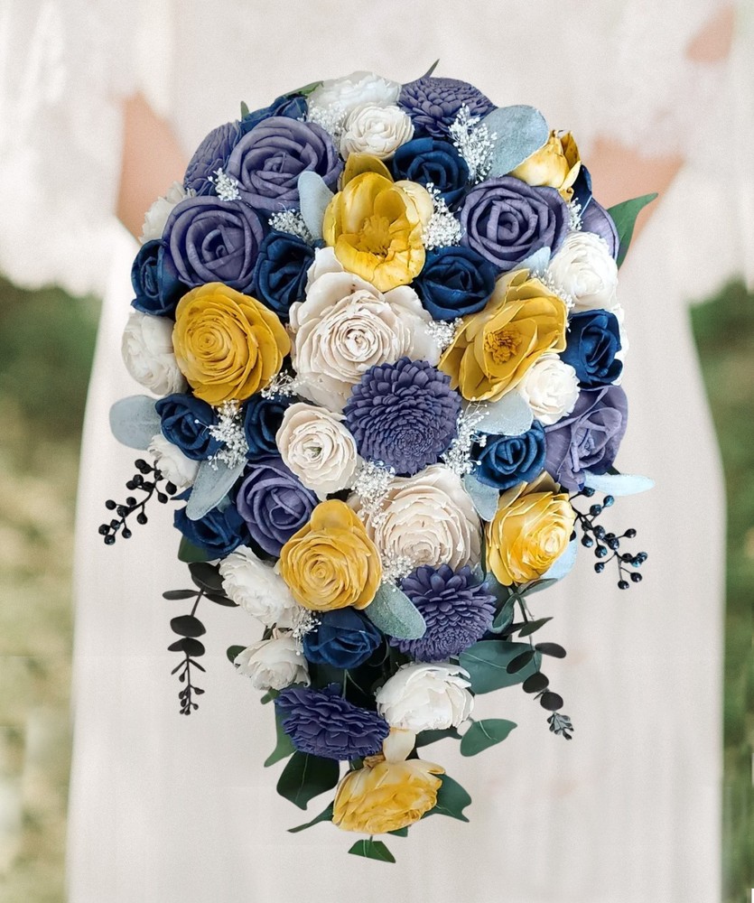 Blue Gold Bridal Bouquet Cascade Sola Wood Denim Navy Yellow Wedding Flowers
