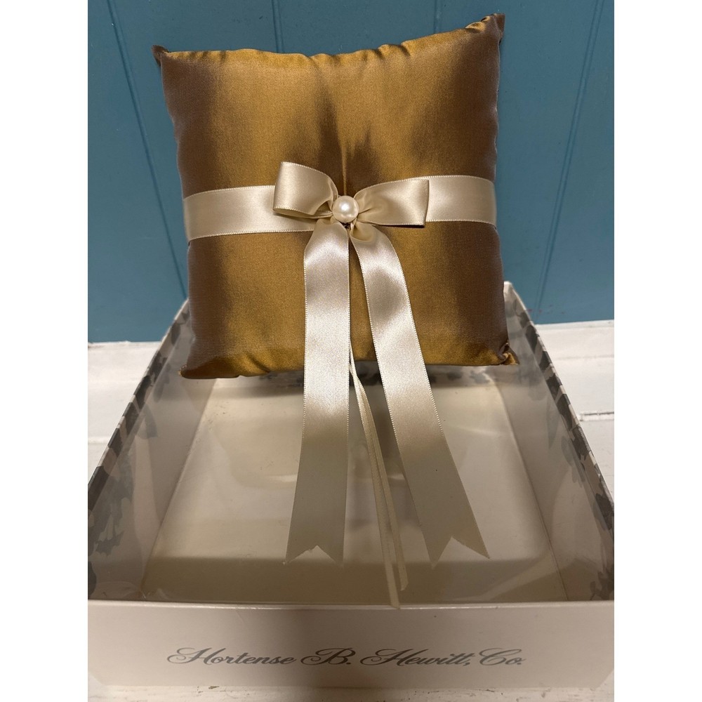 Hortense B Hewitt Co Ring Bearer Pillow Taupe w/ Ivory Satin Bow Pearl Wedding