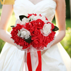 Wedding Bouquet Bridal Bridesmaid Artificial Silk Rose Flowers with Lace Fake Fl