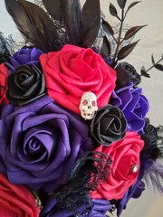 Red Black Purple Bouquet and Boutonniere, 2pc Set, Goth, Halloween
