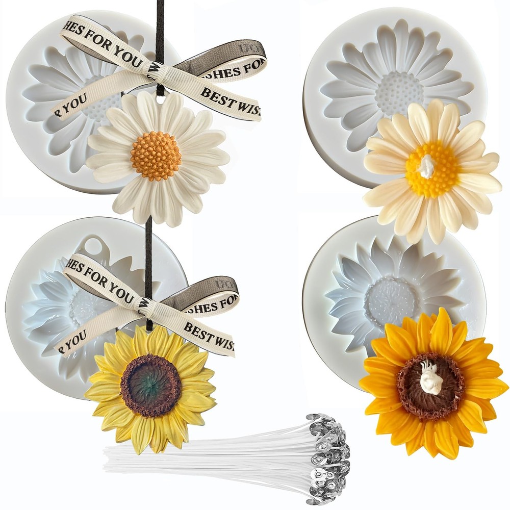 54Pack Silicone Flower Mold for Candles Set, 4pack Daisy Sunflower Molds with 50