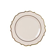 20 TAUPE 8″ Round Plastic Dinner Plates GOLD Scalloped Rim Events Wedding