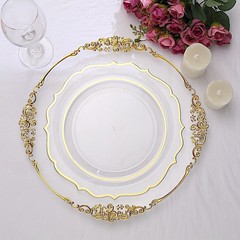 10 CLEAR 10.5″ Round Plastic Dinner Plates GOLD Scalloped Rim Events Wedding