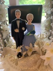 Vintage 1950s Wedding Anniversary Cake Topper Couple in Arch Bells Blue Dress