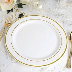 10 pcs Plastic WHITE with Gold Rim 10.25″ PLATES Disposable Party Wedding SALE