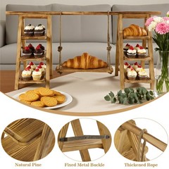 3 Tier Cupcake Stand Set with Swing Solid Wood Detachable Dessert Serving Ladder