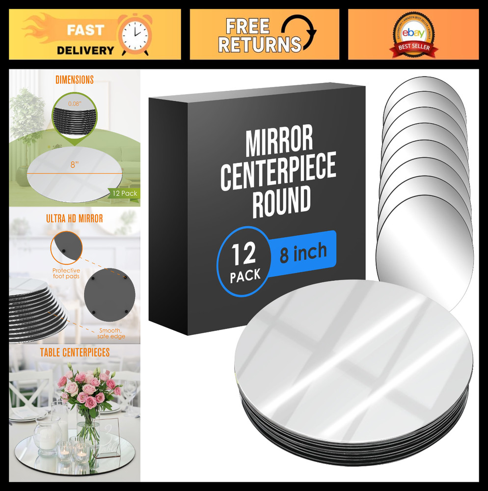 Round Mirror Centerpieces for Tables – 8 Inch Glass Trays, Candle Holders, 12 Pa