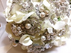 Vtg Wedding Handmade Brooch Bouquet Flowers~Rhinestones~+Table Tents Bridal Lot