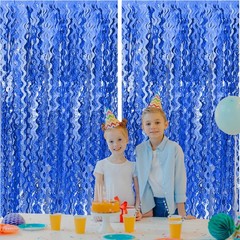 2 Pack Navy Blue Wavy Foil Fringe Curtains, 3.3×6.6 Ft Metallic Tinsel Wavy B…