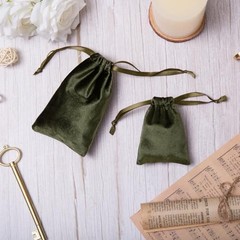 12pcs Velvet Drawstring Bags 3×4 Inches – Glossy Small Velvet – Moss Green
