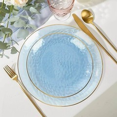 TRANSPARENT DUSTY BLUE 10 Glossy 8″ Round Plastic Salad PLATES GOLD Rim Party