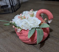 Wedding Centerpiece, Flamingo Table Decor with Bouquet of White Mini Roses