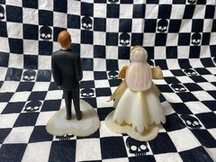 Vintage Bride Groom Wedding Cake Toppers White Brown Hair 60s Hong Kong Plastic