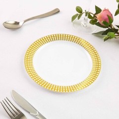 10pk 7.5″ White Round Plastic Plates GOLD PLAID Trim Disposable Party Reception