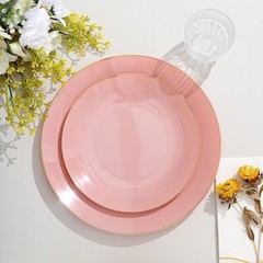 DUSTY ROSE 10 Glossy 8″ Round Plastic Salad PLATES Gold Rim Party Events