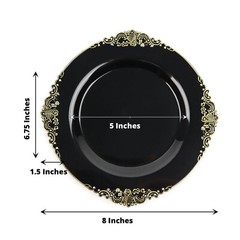 10 BLACK GOLD 8″ Round Plastic Salad Dinner PLATES Embossed Baroque Rim Party