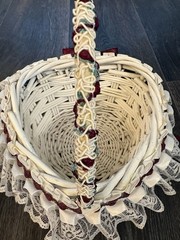 White Flower Girl Heart Shaped Woven Basket Lace Roses Beaded Ribbon Cottagecore