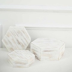3 Whitewashed Wooden Cake Stand Hexagonal Dessert Display Boxes 13″, White