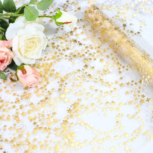 RUDONG M Roll Star Table Runner6 Ft» Wide Sparkly Metallic Glitter Tulle 1 Gold