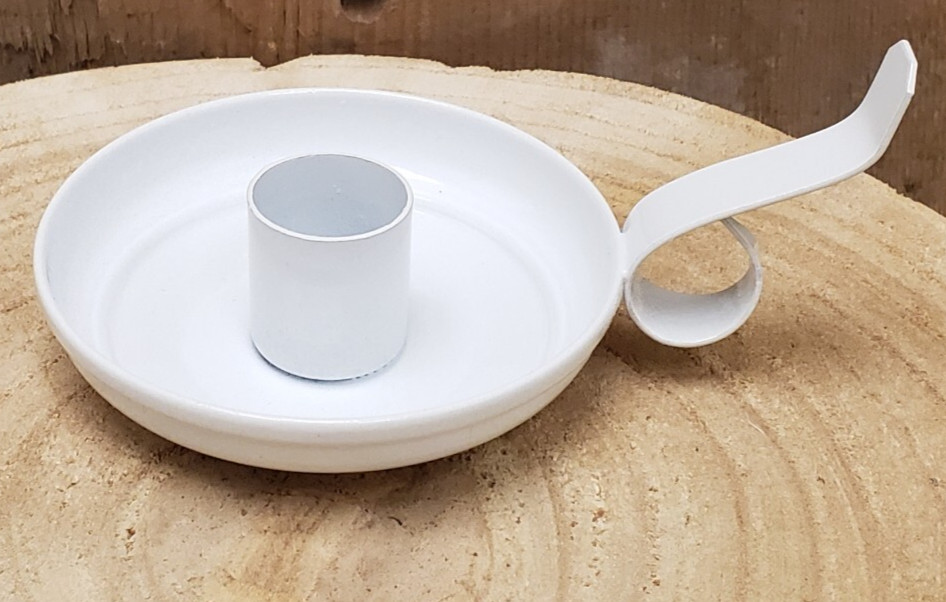 NEW Primitive WHITE Taper Candle Holder with Handle Metal Country Cottage 4.5″ W