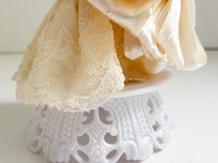 Vintage ‘60s Bride & Groom Cake Topper–Cotton Flowers, Ribbon, Lace, Plastic