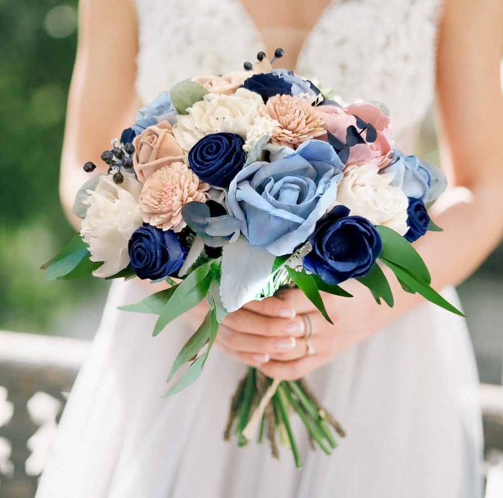 Pink Dusty Blue Bridal Cascade Bouquet Navy Sola Wood Bridesmaid Wedding Decor
