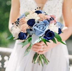 Pink Dusty Blue Bridal Cascade Bouquet Navy Sola Wood Bridesmaid Wedding Decor