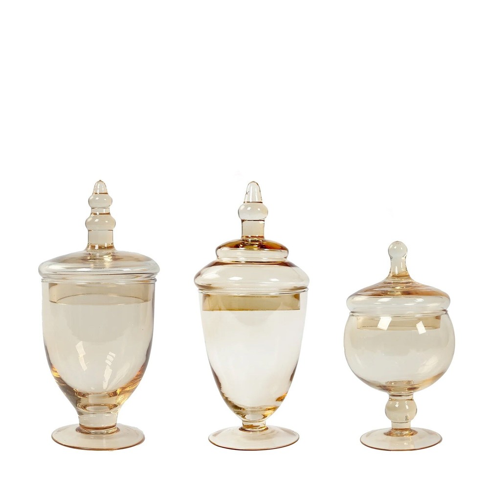 3 pcs Amber Gold Trim Glass Apothecary Jars Containers with Lids Decorations