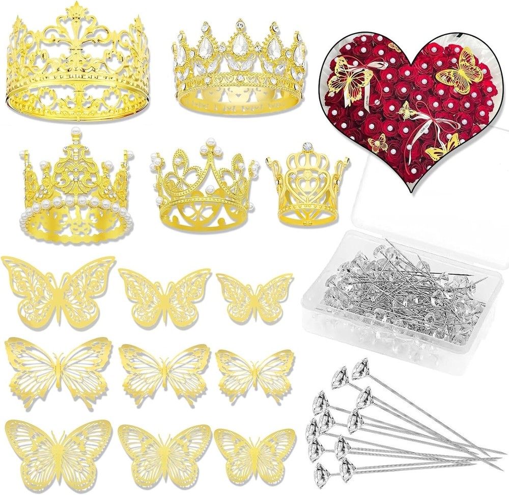 Flower Bouquet Accessories Set: 5 Mini Crowns, 36 Butterflies & 100 Pins (Gold)