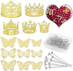 Flower Bouquet Accessories Set: 5 Mini Crowns, 36 Butterflies & 100 Pins (Gold)