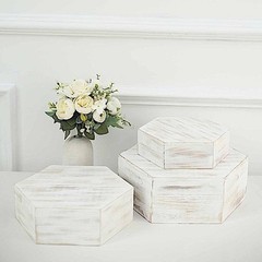 3 Whitewashed Wooden Cake Stand Hexagonal Dessert Display Boxes 13″, White