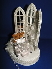 New Chapel Mirror Windows Wedding Caketop with Teddy Bear Couple White Car #192