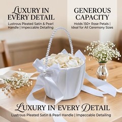Wedding Flower Girl Baskets Pearl Handle Satin Bow Bridal Ceremony Decor 2 Pack