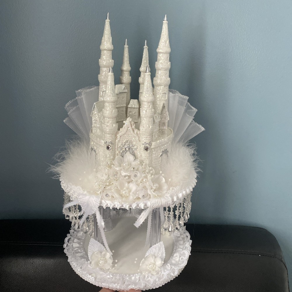 Elaborate Wedding Cake Topper Princess Castle 2Tiered Boa Sequins