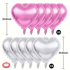 18 Inch, Pack of 10 Heart Shaped Balloons – Big Metallic Foil Pink & Silver