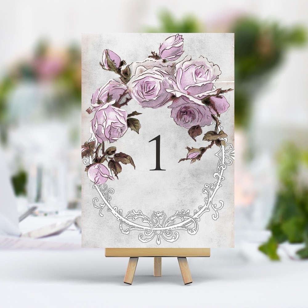Vintage Style Wedding Table Numbers Names Cards – Shabby Chic Lilac Flower Rose