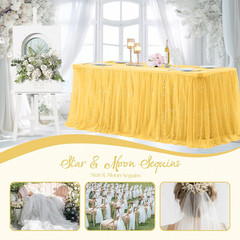 Gold Glitter Tulle Fabric Rolls with Shiny Silver Sequin, 1 Yard Tulle Bolt Gold
