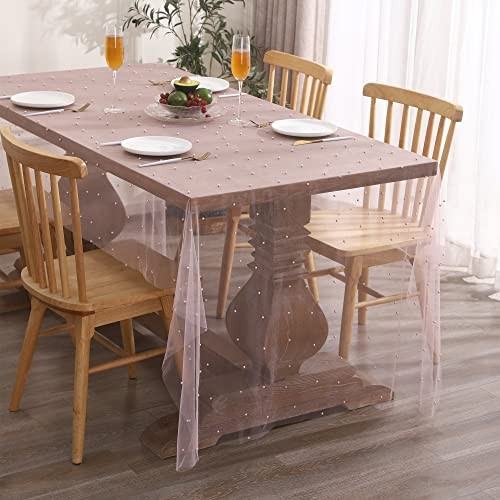 Lace Tablecloth Pearl Table Cloth Summer Sheer Tulle 86″ x 55″ (Oblong) Pink