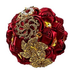 Luxury Red / gold accent Bridal Wedding Bouquet Satin Rose Rhinestone