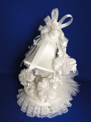 New Vintage Elegant White Satin Bell, white white floral Wedding Caketop #404