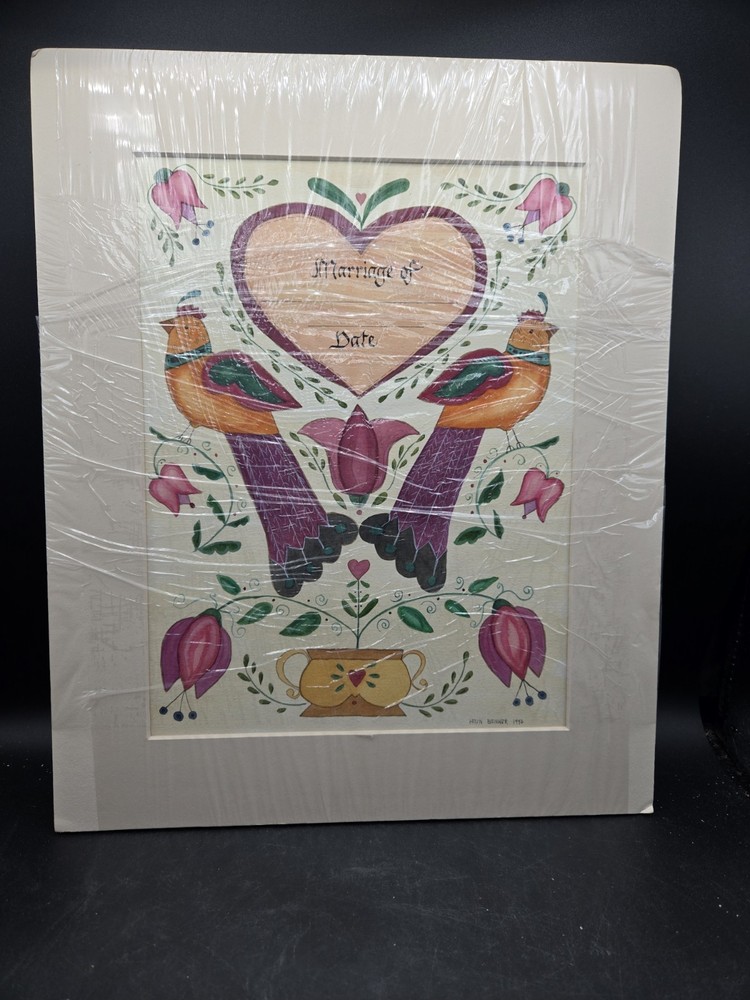 Original Hand Painted Marriage Certificate Blank Vintage Love Folk Art 16″x13″