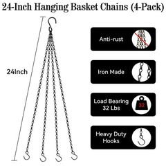 ZeeDix 4 Pack, 24 Inch Hanging Basket Chain with Hooks, Black Metal Planter Flow