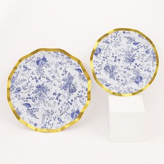25 Round 10″ BLUE Paper Salad Plates Gold Wavy Rim Party Tableware Decorations
