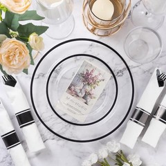 350 Piece Plastic Dinnerware Set for Party, Clear 350 Piece (50 guests) Black