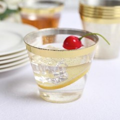 25 CLEAR 9 oz Glittered PLASTIC CUPS Gold Rim Party Events Decorations Supples